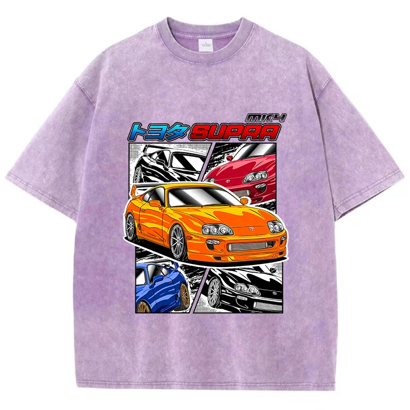 Street Woman Washed T-Shirts Supra Racing Comic Print Short Sleeve Comfortable Cotton Oversize Tops Summer Casual Female Clothes