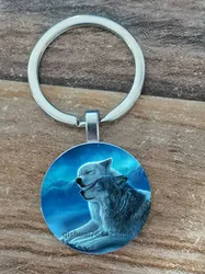 Wolf Key Ring Howling Wolf And Moon Key Ring Single-Sided Glass Key Ring Wolf Head Pendant Key Ring