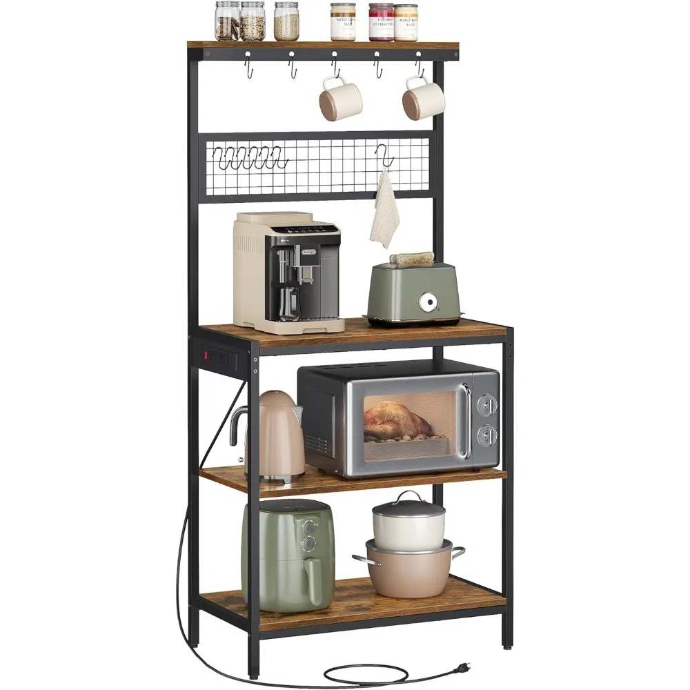 

Coffee Bar Stand with Adjustable Storage Shelf, Grid Panel, 12 Hooks, Table for Microwave, Kitchen, Rustic Brown and Ink Black