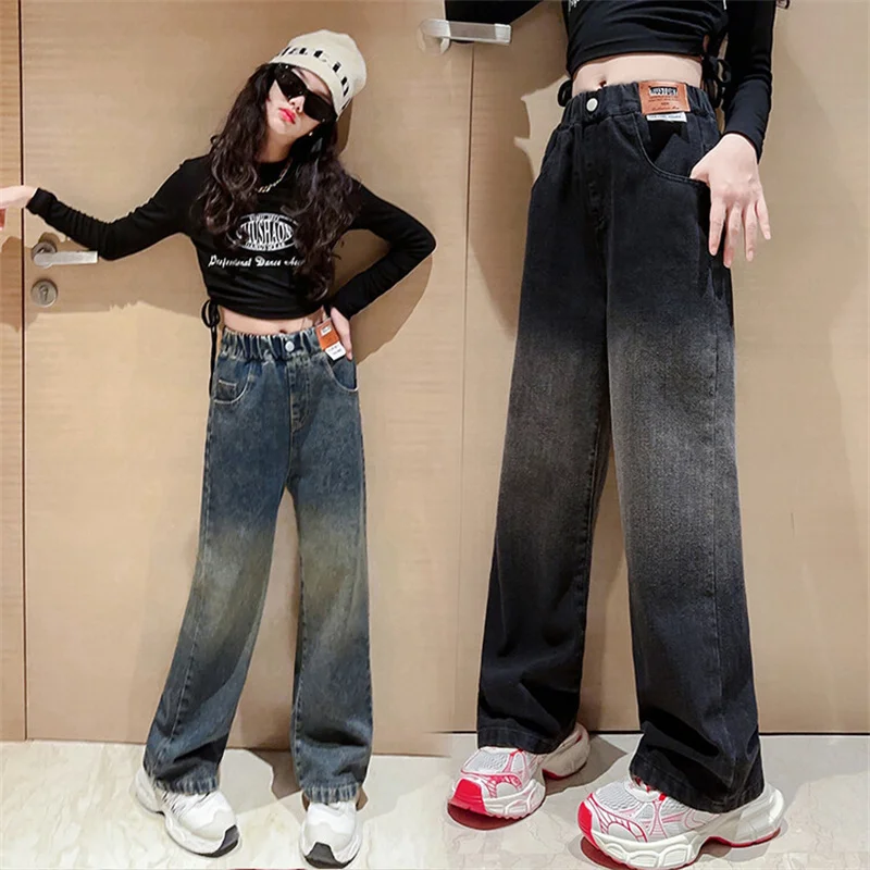 Girls' spring and Autumn jeans 2024 new Korean version of children with gradient color wide-leg pants 6-15 years old