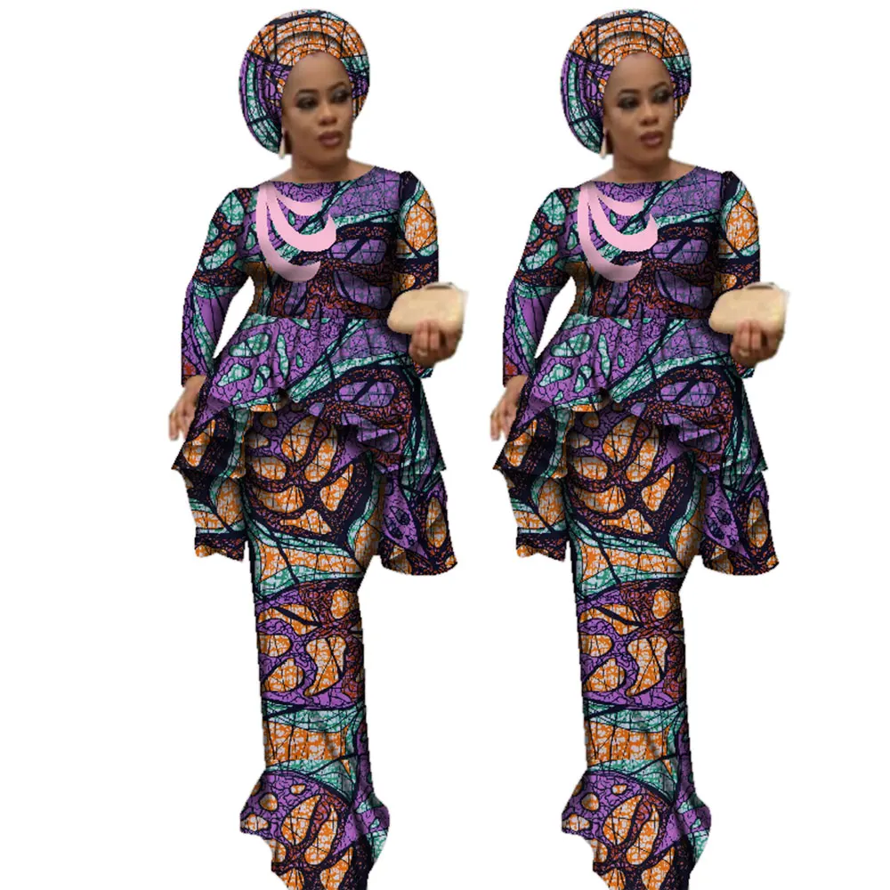 

Africa Style Bazin Riche Dresses for Women Two Pieces Set Women Long Sleeve Tops and Long African Print Skirt Plus Size WY2488