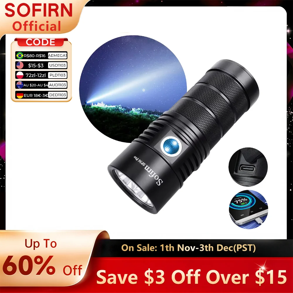 Sofirn SP36 Pro 8000lm Powerful LED Flashlight  4*SST40 USB C Rechargeable 18650 Torch