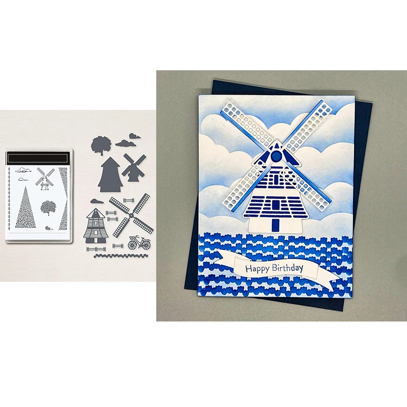 Big Windmill Log Cabin Christmas Tree Stamp and Cutting Dies Set For DIY Scrapbooking Decoration Paper Craft Album Card Making