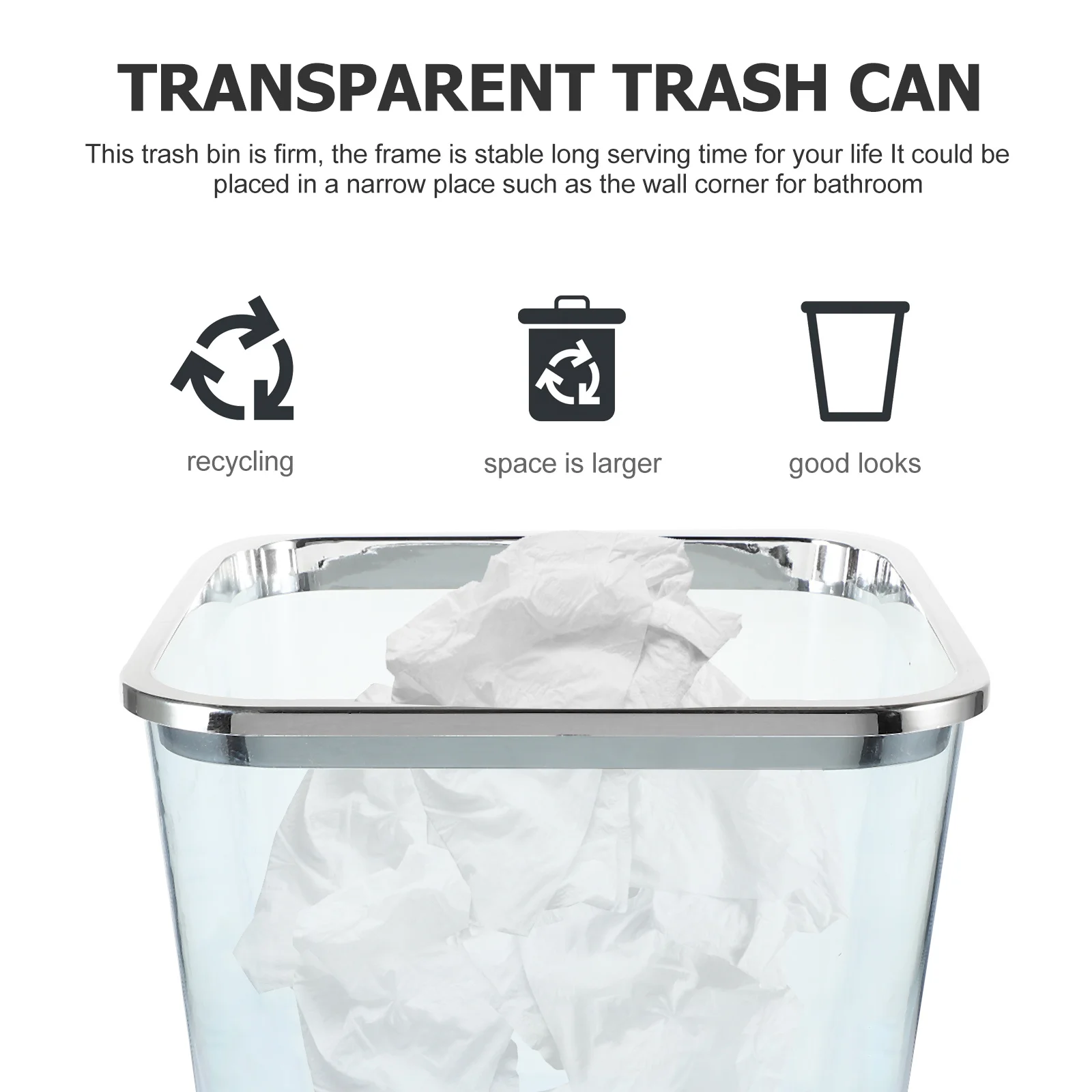

Electroplated Rim Trash Can Large Capacity Transparent Pp Material Easy Clean Bedroom Office Household Multi-Function Waste