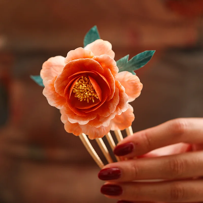 

Шелковая расческа для волос оранжевого пиона в китайском стиле, боковые заколки для волос, дневная тарелка, прическа для волос, красная заколка и заколка для волос