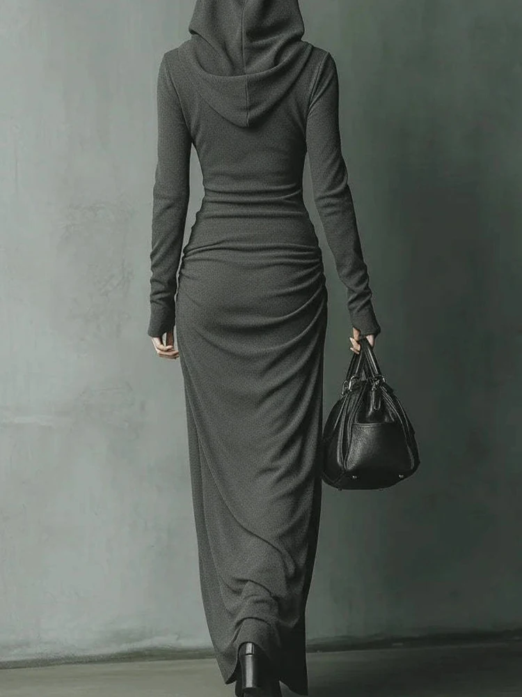 Gaun Maxi Lengan Panjang Berkerudung Baru, Gaun Pesta Chic Patchwork Fashion Musim Gugur Wanita, Gaun Wanita Elegan Kasual Solid Streetwear