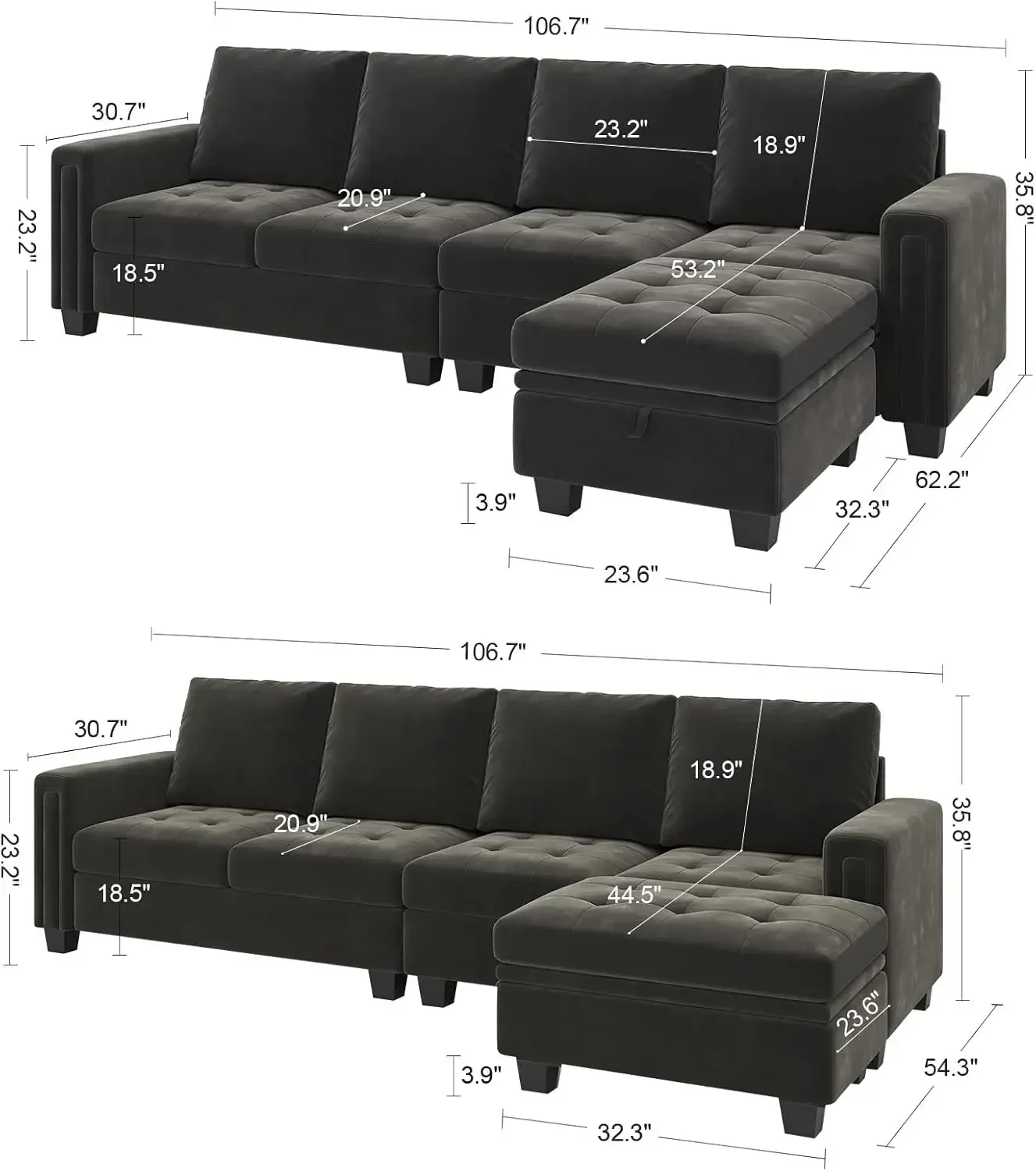 

Velvet Reversible Sectional Sofa with Chaise Convertible L Shaped 4-seat Sectional Couch with Storage Ottoman Grey