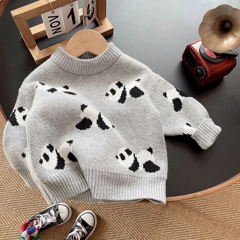 Autumn Winter Children's Pure Cotton Sweater Boys Girls Baby Cartoon Academy Style Warm Knitwear Kids Panda Clothes 1 2 3 4 5 Y