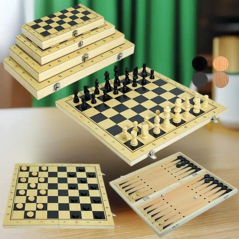 Hochwertiges Schachbrett aus Holz, tragbares 3-in-1-Reisespiel, Puzzlespielzeug für Kinder und Erwachsene