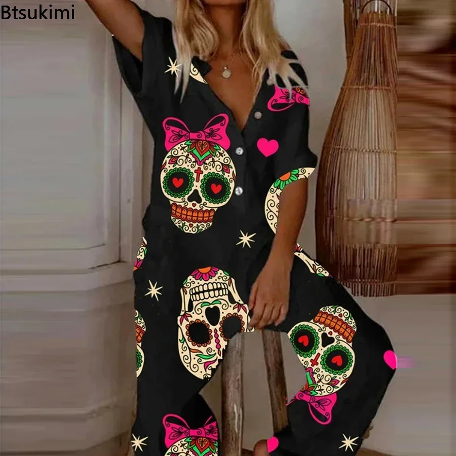 2023 Spring Summer Plus Size 5XL Romper Playsuit Women Elegant Cartoon Skull Print Jumpsuit Casual Loose Overalls Bodysuit Woman