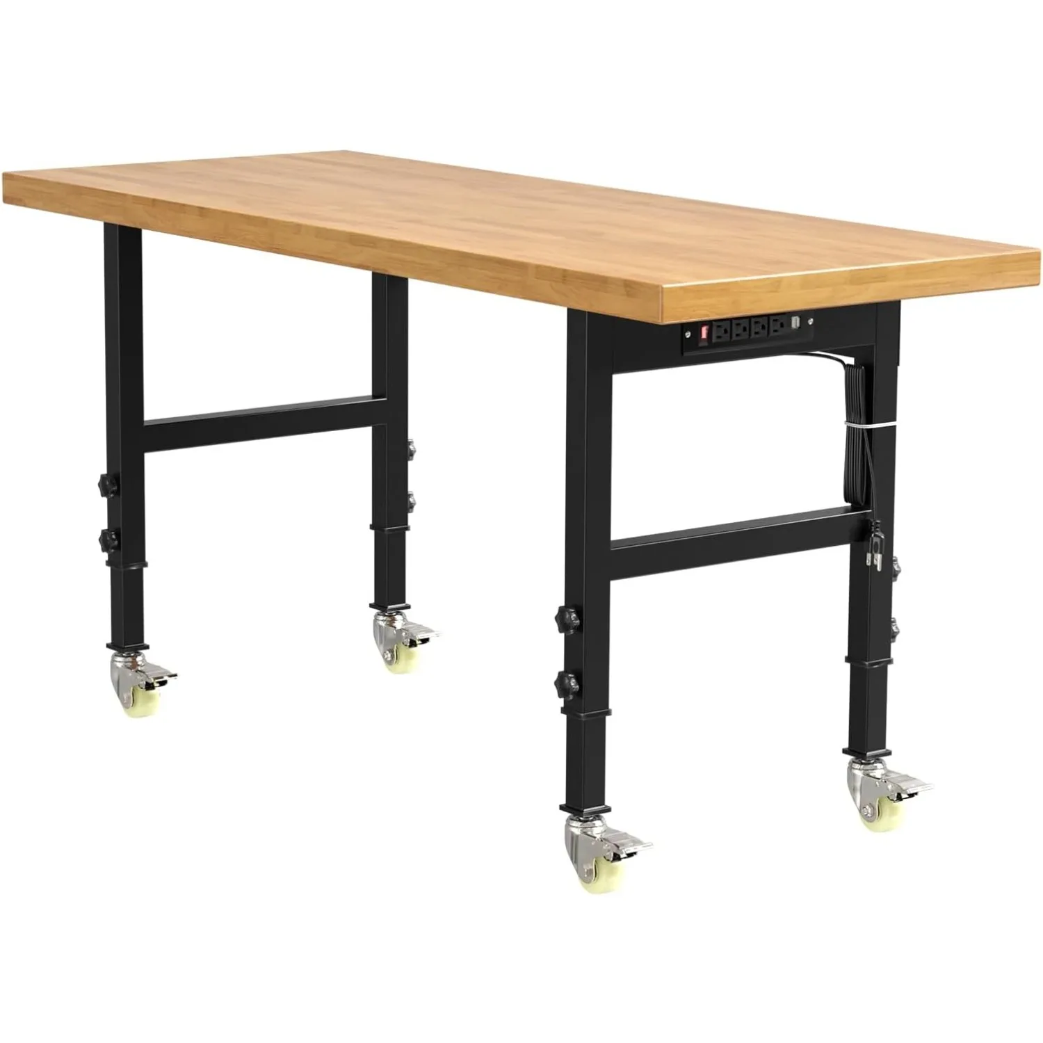 60” Heavy-Duty Solid Wood Work Bench Work Table with Wheels, Adjustable Height Portable Workbench with Power Outlets