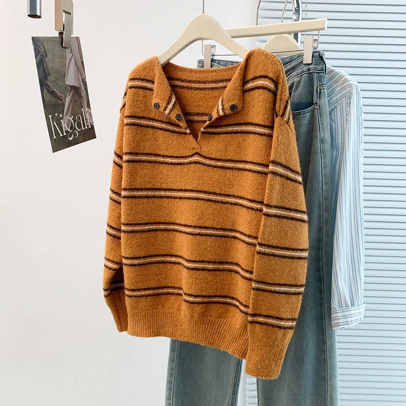 Suéteres de punto para mujer, Jersey informal a rayas, Jersey Retro de otoño-invierno, suéter holgado de gran tamaño Harajuku