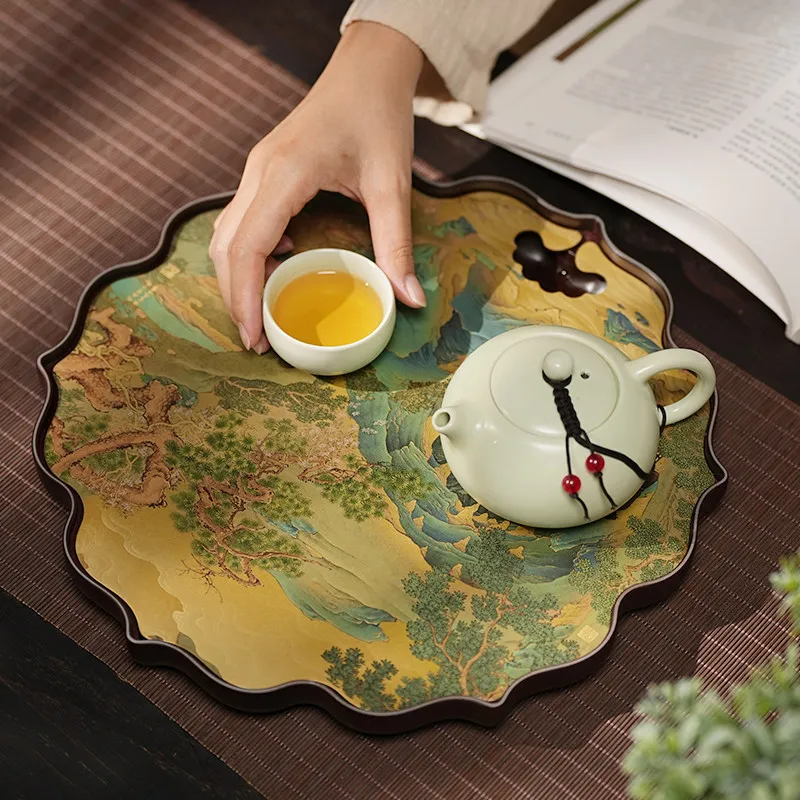 Xile Chang'an Chinese Tea Tray Vintage Lotus High End Kung Fu Tea Set Four Panel Landscape Zen Tea Tray Storage Box Organizer