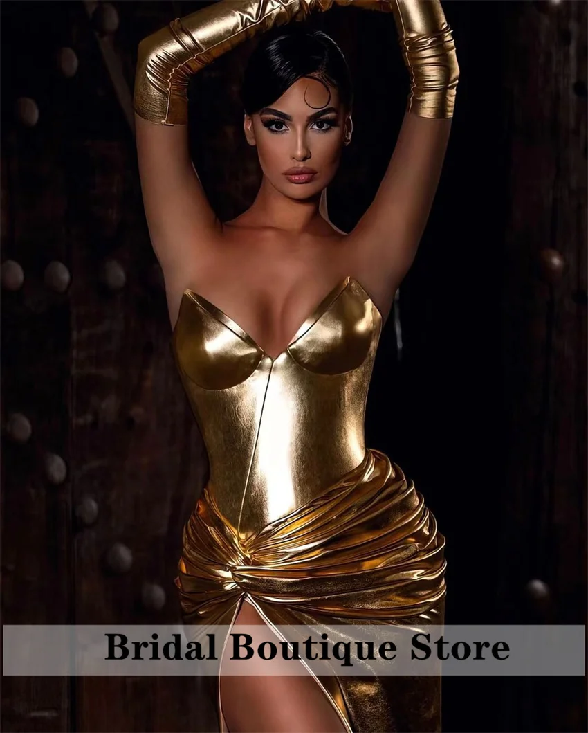 Luxury Sex Golden Mermaid Evening Dress 2024 With Two Gloves Prom Party Gown Robe De Bal Birthday Party Dress Customized