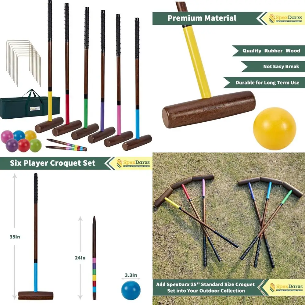 

Наборы для крокетов для шести игроков, набор для крокетов 35 дюймов с деревянными молотками премиум-класса/цветными шариками/кидками/птицами/сумкой для переноски, газон на заднем дворе
