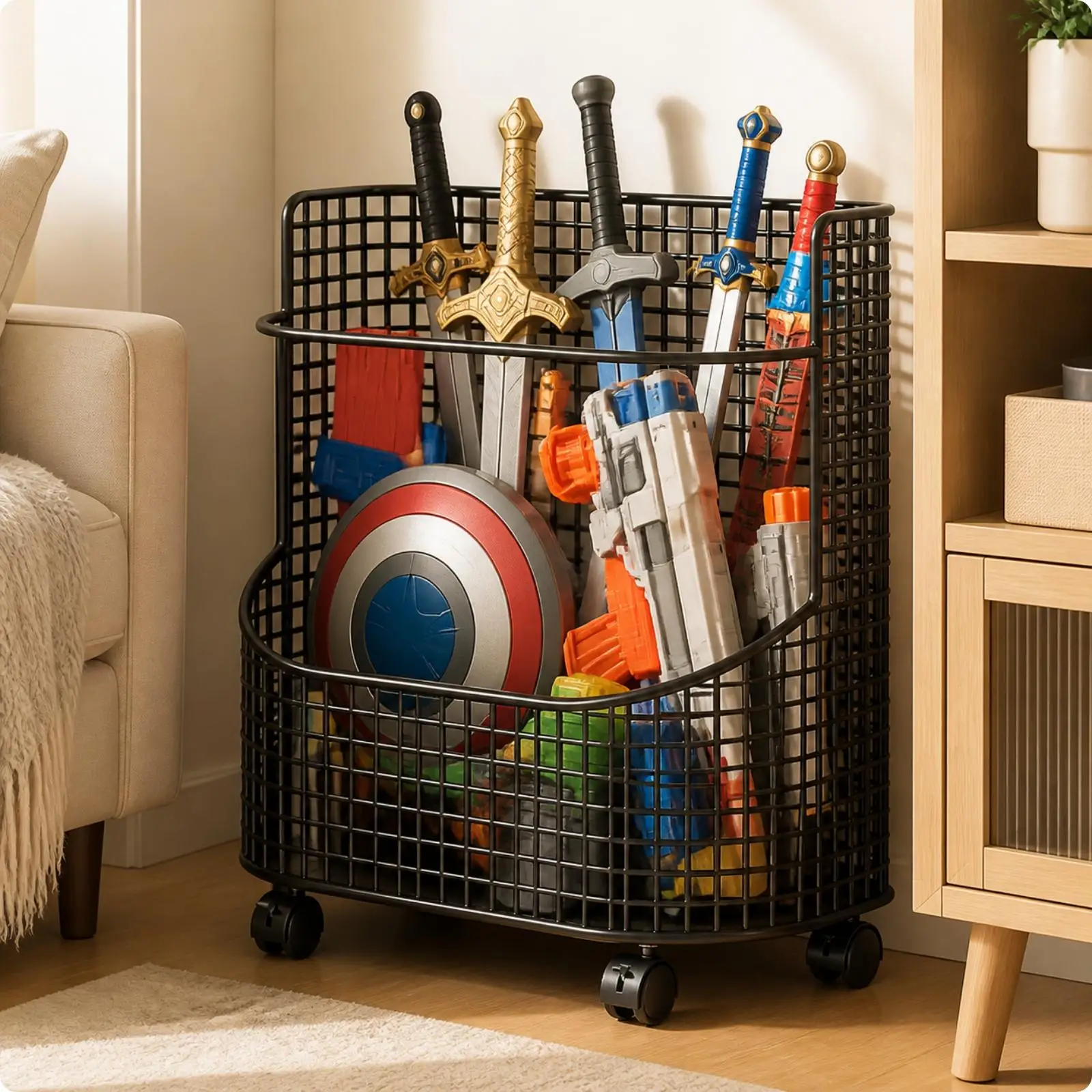 Children Storage Shelf Metal Rolling Basket with Wheels Toy Organizer for Kids Room Black Freestanding Basket Caster for Bedroom