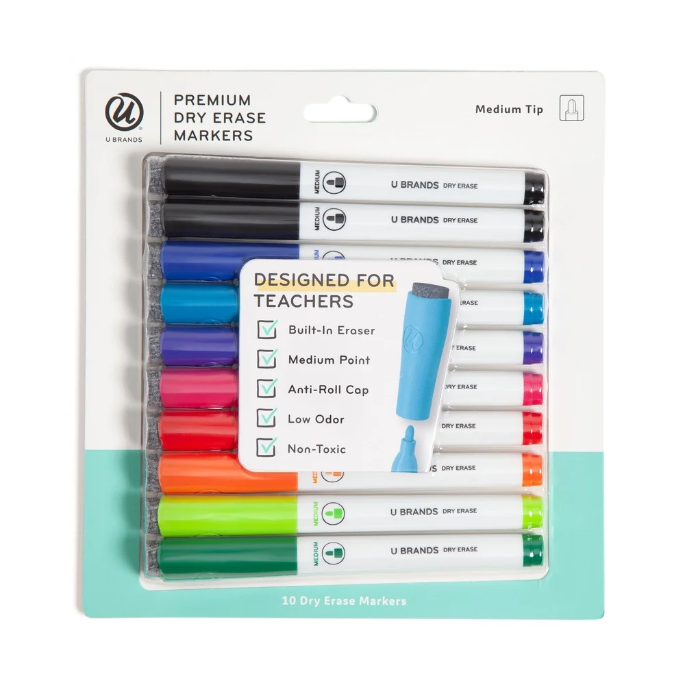 Dry Erase Markers Medium Bullet Tip 10 Count Multi Color Non-Toxic Low Odor Ink Felt Eraser Perfect Home Office Classroom