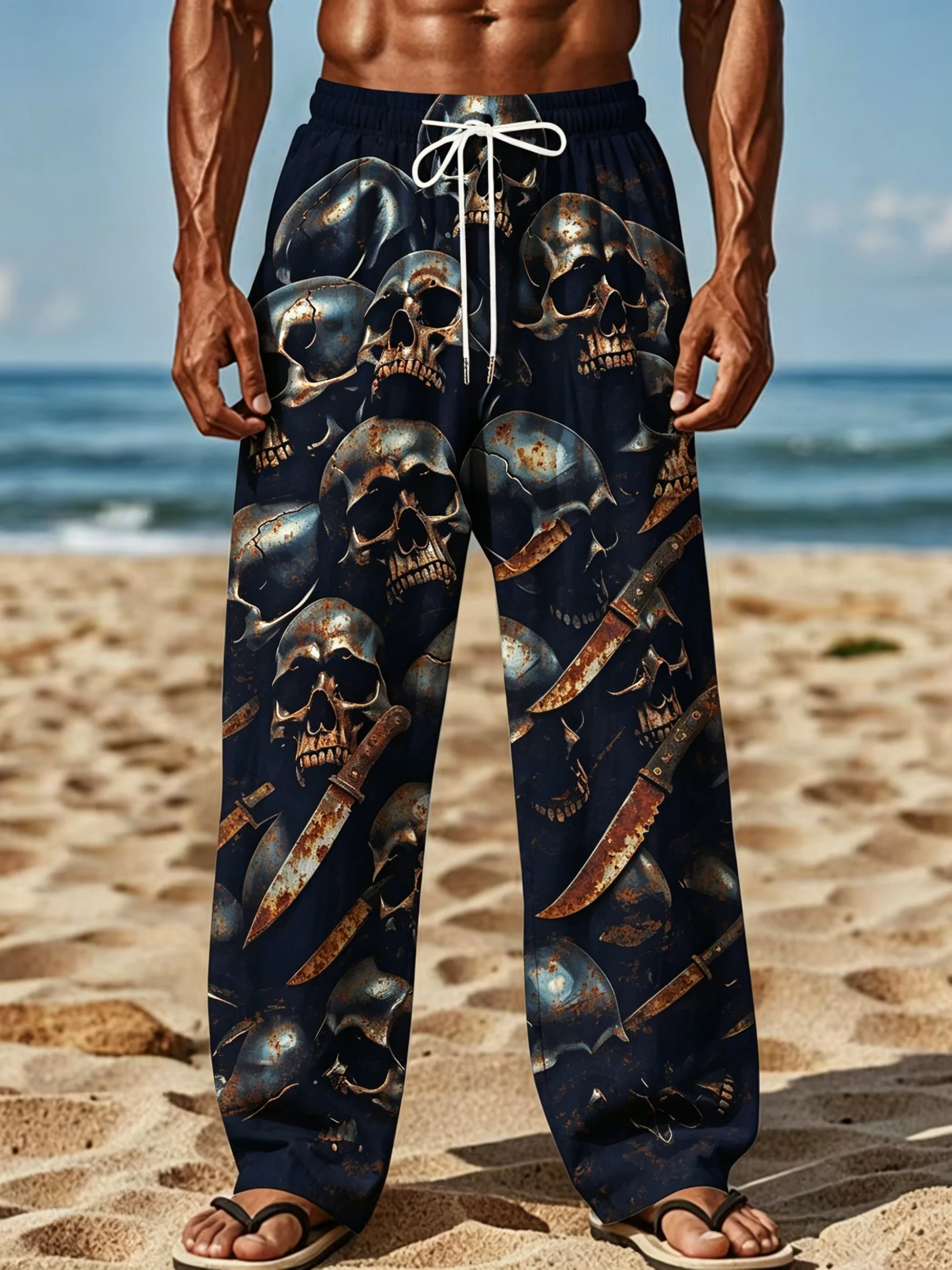 

Men's Spring Summer Rusty Skull Knife Print Drawstring Pants, Gothic Trousers for Beach Party Daily Casual Outdoor Outfit