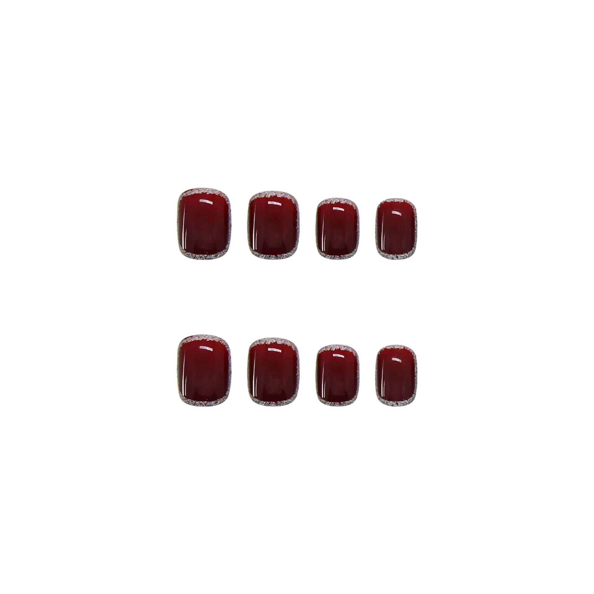 Brilhante unha falsa quadrada curta com adesivo, unhas falsas francesas clássicas, dicas de cobertura completa DIY, ferramenta de manicure, vinho vermelho, 24pcs