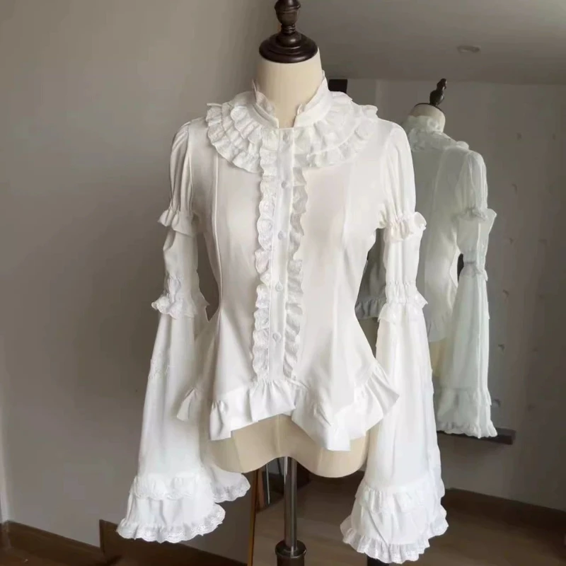 Vintage Flare Sleeve Lace Patchwork Shirt Exquisite Beauty Flower Detachable Blusas Slim All-match Solid Simple Crop Tops