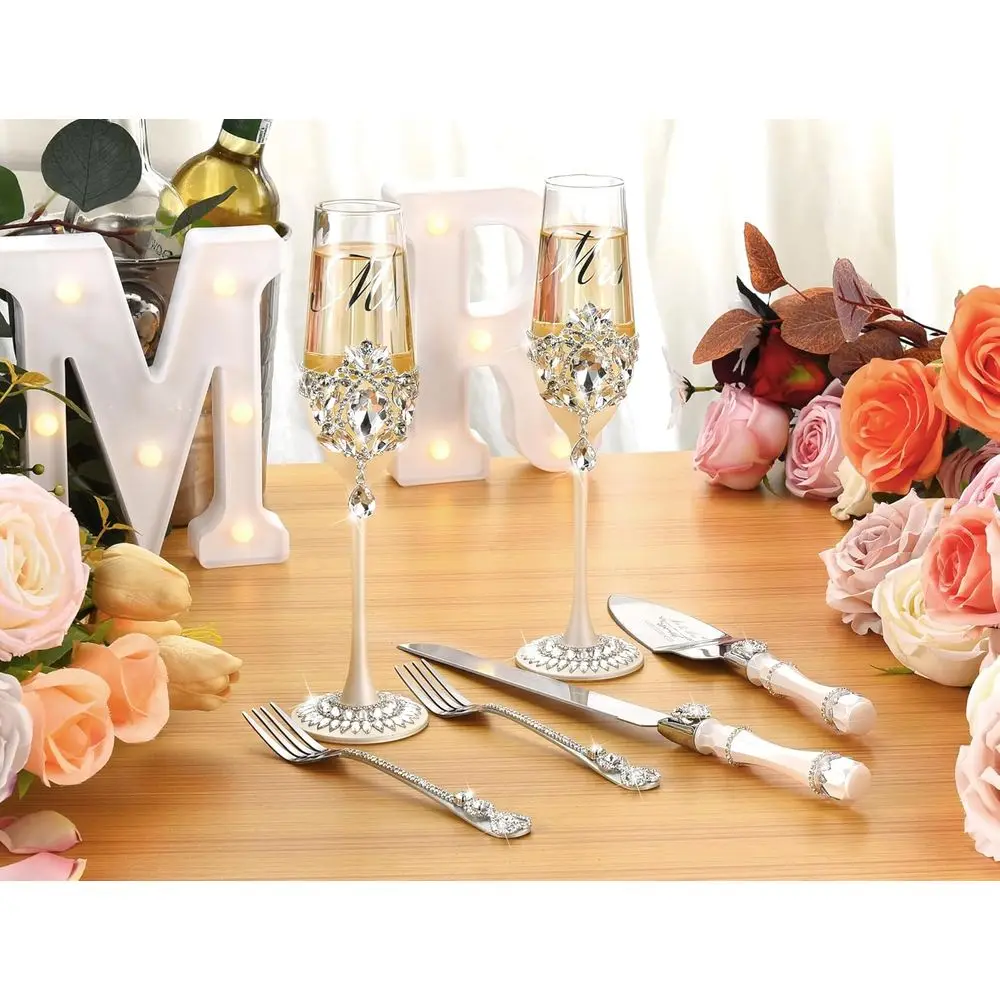 Wedding Cake Knife and Server Set, Luxury Handcrafted Crystal Champagne Flutes with Silver Petal Rhinestones, Cake Cutting Set f