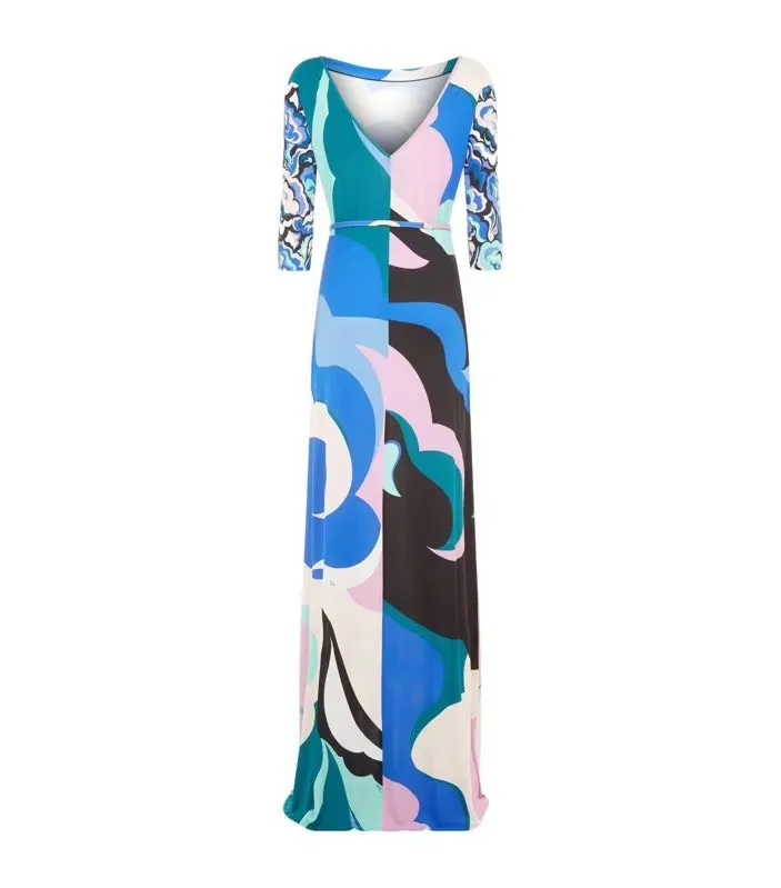 Designer Inspired Women's Multicolor Printed Jersey Belted Maxi Dress - Elegant Summer Party Beach Long Dress, Boho Chic Evening