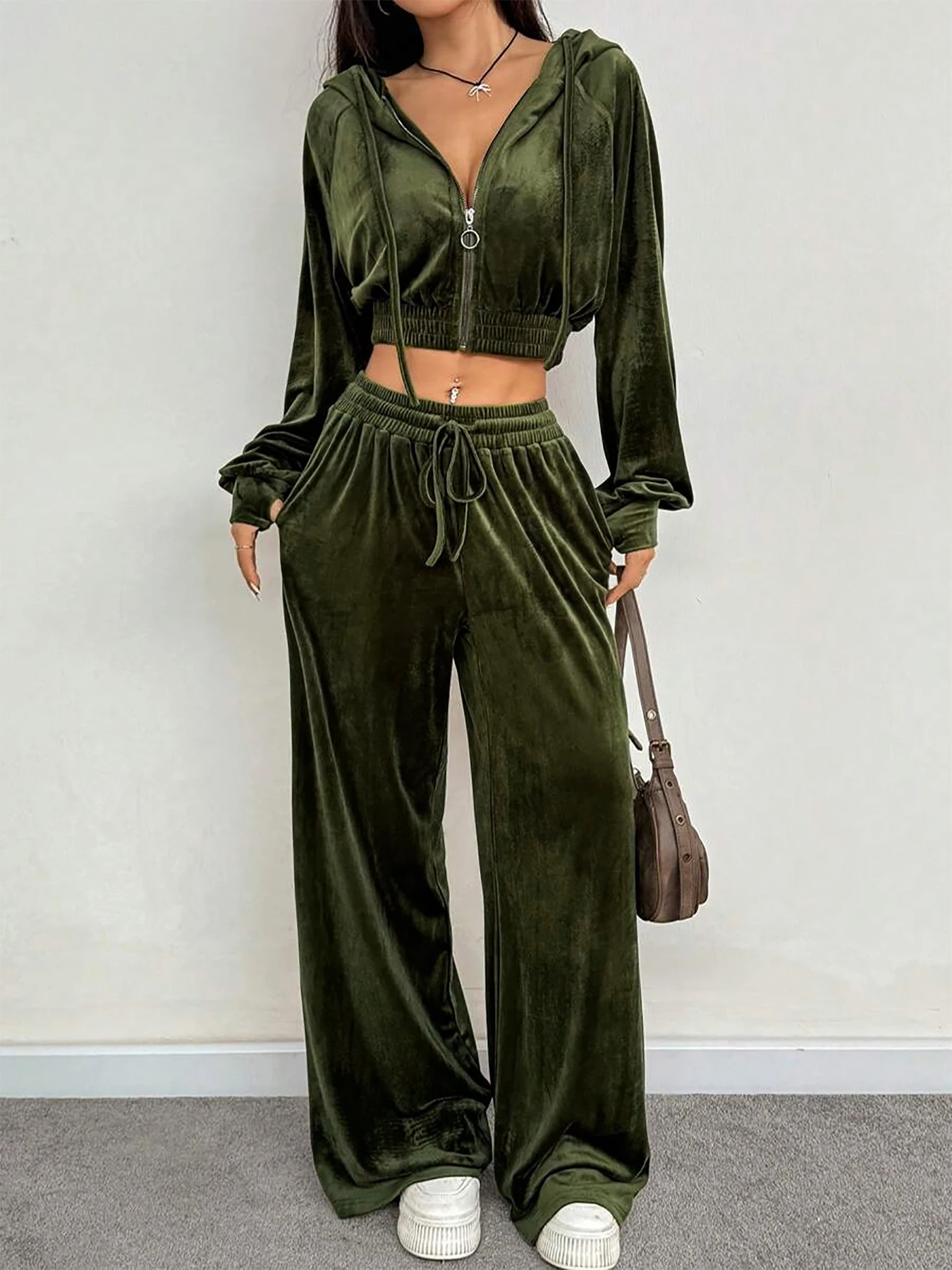 

Women's Velvet Long Pants Set, Autumn Winter Zipper Sweatshirt + Loose Fit Pants Casual Sportswear, Plain Pattern