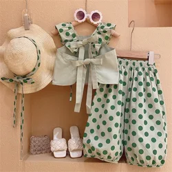 2024 Summer Girls 2-8 Years Sweet 3pcs Dot Suit Vest+ Pant+ Hat Kids Clothing Set