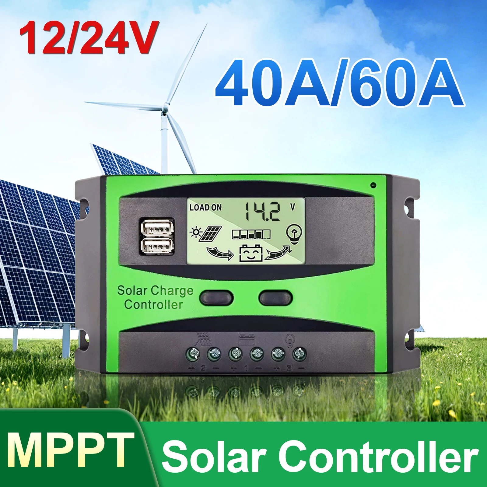 40A 60A MPPT Solar Charge Controller 12V/24V Auto Solar Panel Charger Regulator with LCD Display Dual USB Port Load Output
