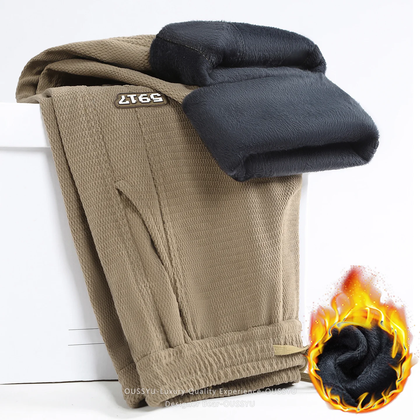 Winter Warm Fleece Men's Casual Pants Elastic Waist Straight Drawstring Trousers Streetwear Solid Color Baggy Sweatpants Male