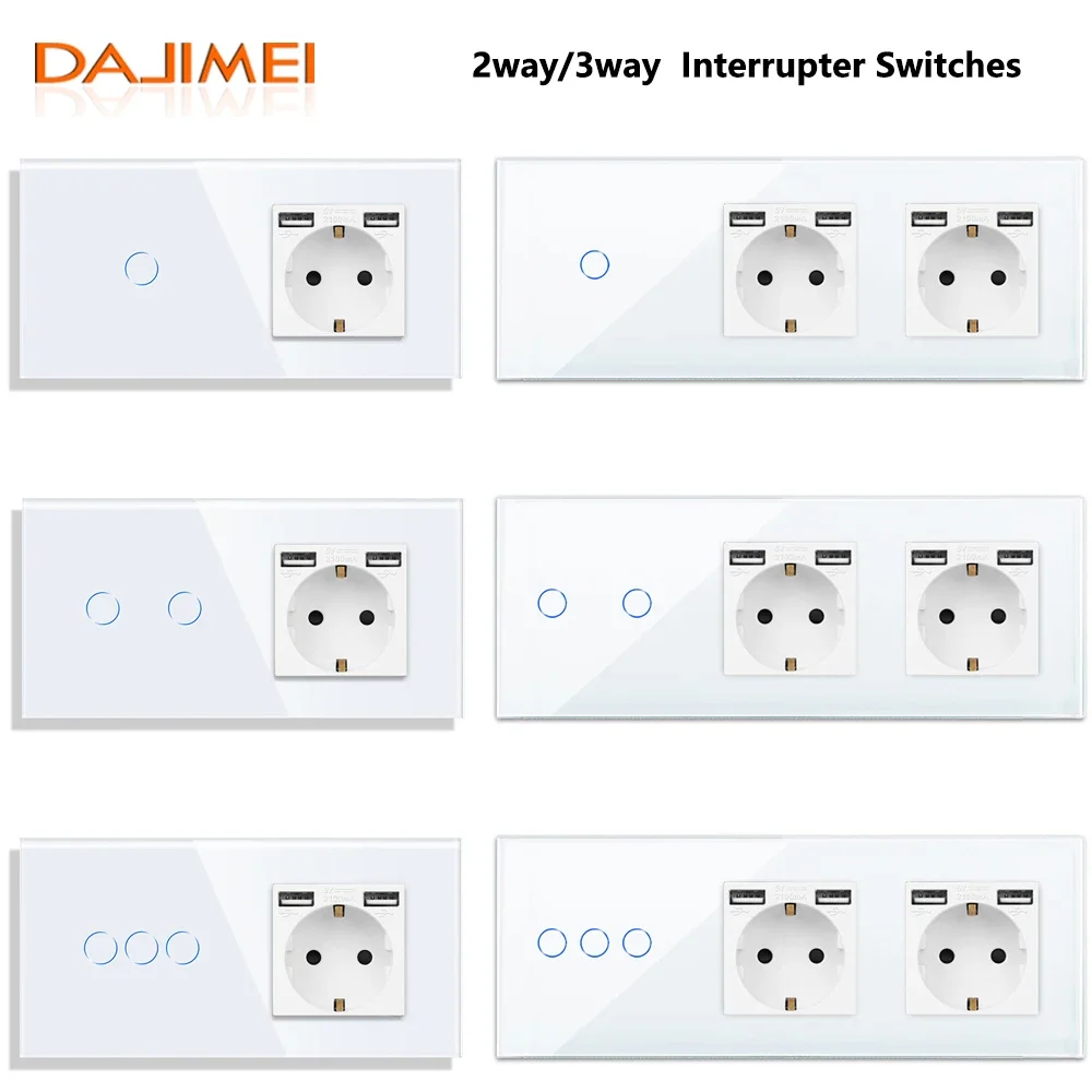 DAJIMEI Wall Light Switch 1/2/3Gang 2/3Way Touch Switch with Double USB Charging EU Power Sockets Interrupter Switches for Home