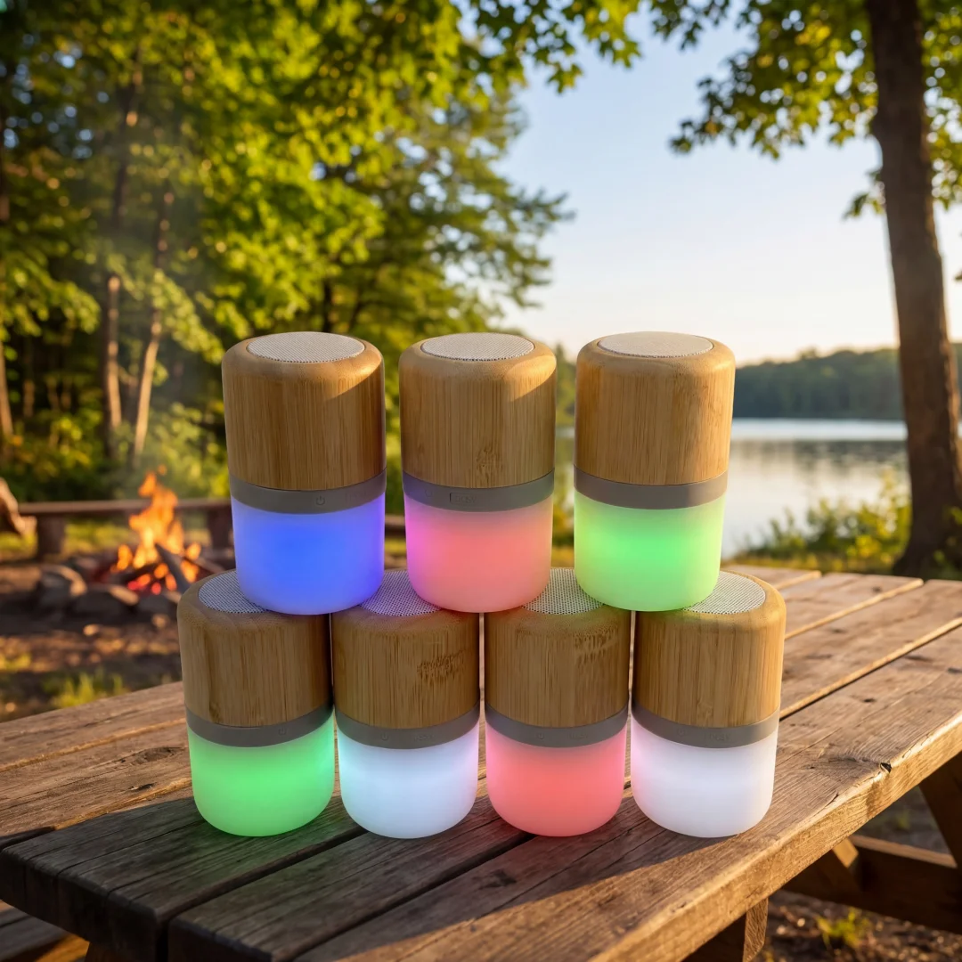 

Беспроводная Bluetooth-колонка из бамбука в форме цилиндра, миниатюрная, со стереозвуком и LED-подсветкой, модный подарок на день рождения