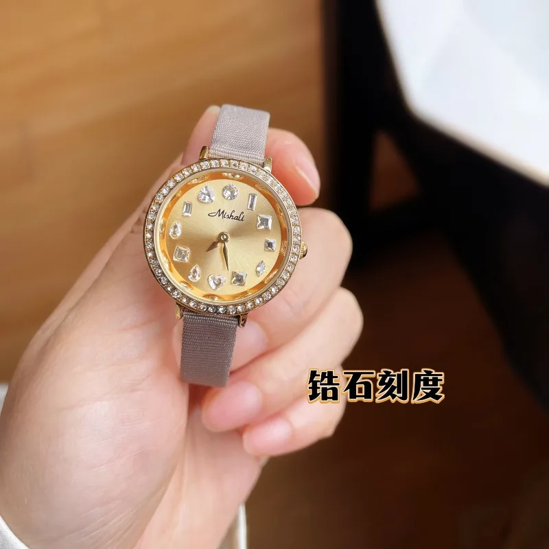 2024 New Women's Luxury White Stone Diamonds Dial Watch Genuine Fine Leather Waterproof Ladies Quartz Watch reloj mujer elegante