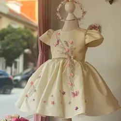 Beige Appliqued Baby Girl's Birthday Party Gowns Customized Flower Girl Dresses for Wedding Satin Kids First Communion Dress