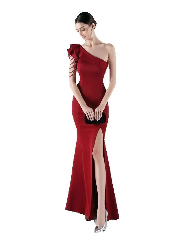 

Sexy One Shoulder Ruffles Side Split Merrmaid Satin Long Formal Evening Dress