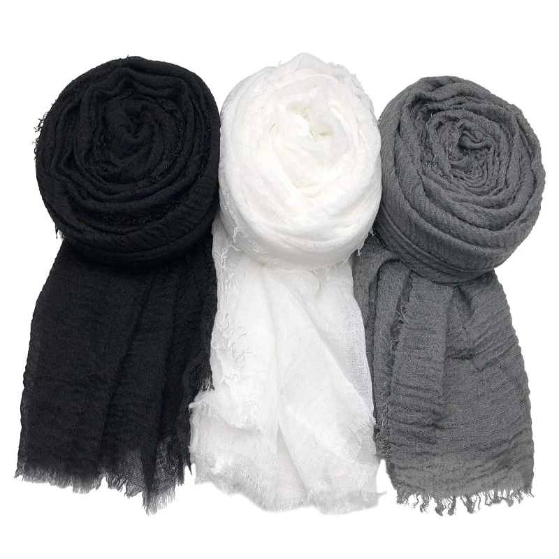 Black White Crinkle Cotton Hijab Light Soft Solid Scarf Wrap Shawl Women Musulman Headband Islamic Turban Tassels Scarves