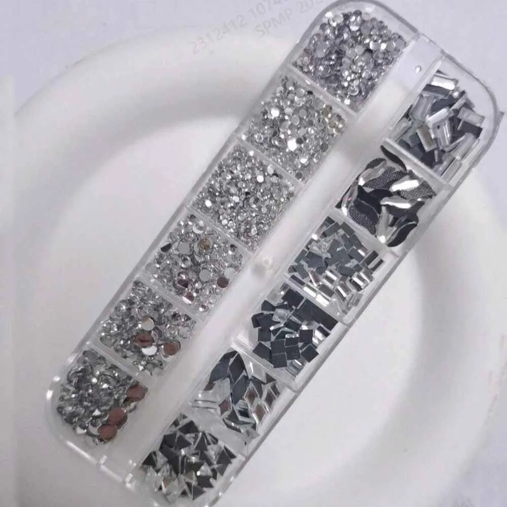12Grids 3D Clear Multi-Shapes Nail Art Rhinestones Sparkling Flatback Glass Diamond Nail Charms DIY Crafts Manicure Decorations