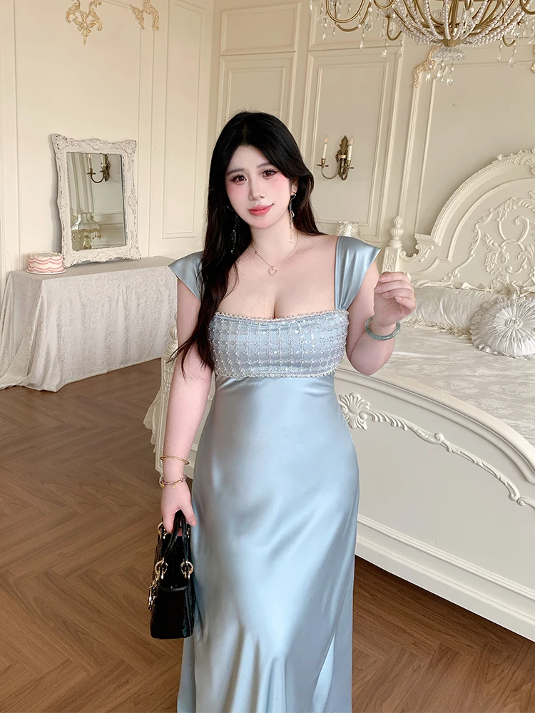 

Satin Evening Dress Heavy Beading Sleeveless Strap High Waist A-Line Midi Dress for plus Size Women Party Gown