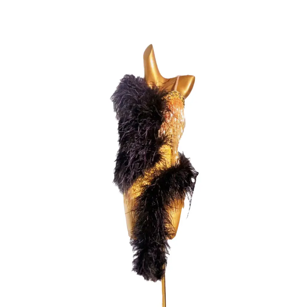 

Latin Dance Competition Women's High-end Custom Gold Suspender Ostrich Hair Samba Performance Clothing Black Pool Dress