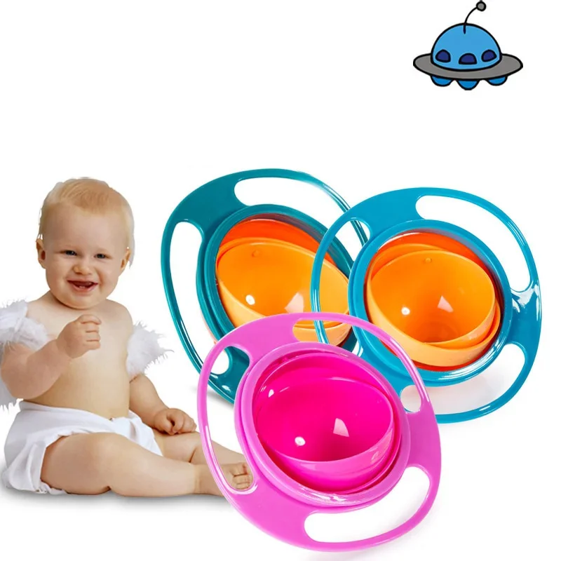 Plastic Baby Feeding Bowl Spill-Proof 360 Rotate Infants Toddler Gyro Training Bowl Baby Kids Practice Bowl Spoon Tableware