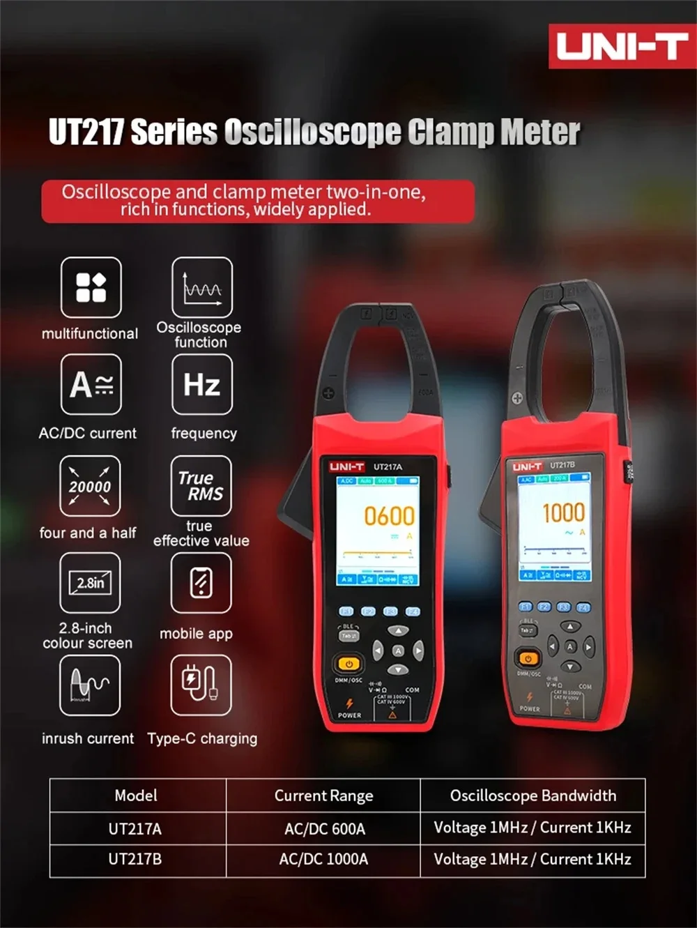 UNI-T راسم الذبذبات المشبك متر UT217A UT217B مع بلوتوث الجهد الحالي الموجي السعة تردد راسم الذبذبات المتعدد