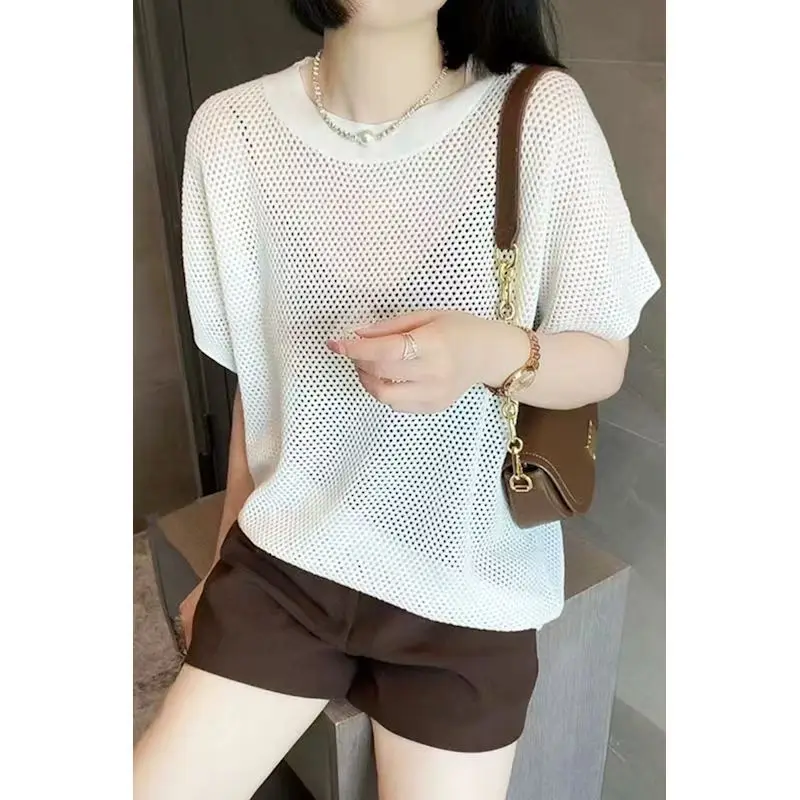 

Solid Color Hollow-out Short-sleeved Loose Pullover Summer Thin Sweater Round Neck New Style Hollow-out Versatile Short Top