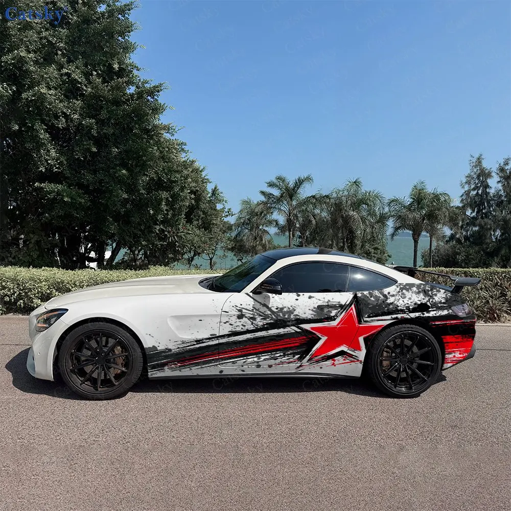 2pcs Splatter Red Star Dynamic Car Side Wraps, Self-Adhesive PVC Waterproof & Scratch-Resistant Stickers, Car Accessory Gift