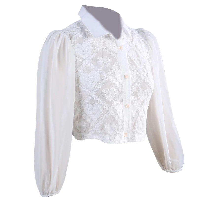 

Womens Puff Long Sleeve Cropped Cardigans Hollowed Crochet Heart Lapel Collared Single Breasted Blouses Shirt