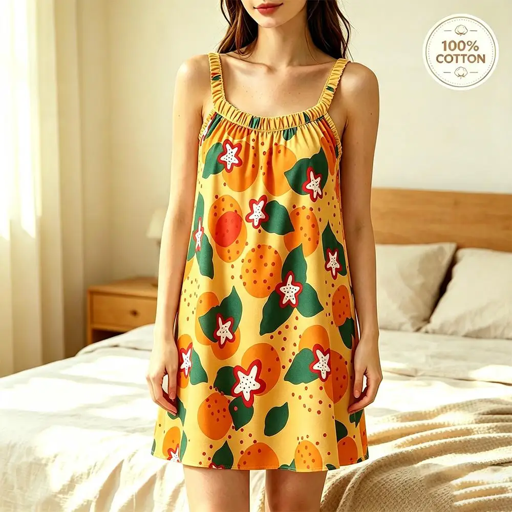 Women 100% Cotton Sleeveless Nightgown Summer Floral Print Slip Night Dress Ladies Soft Skin-Friendly Casual Loungewear Pajamas