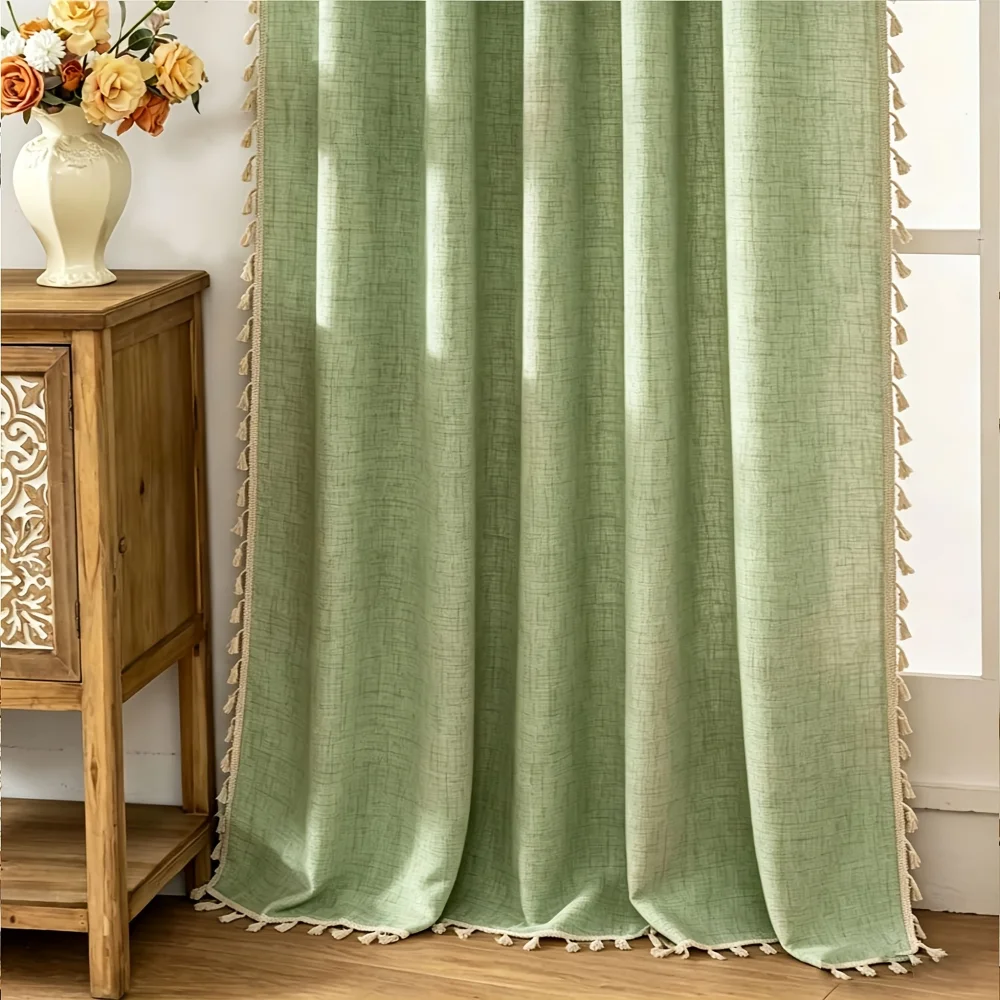 1PC Boho Tassel Curtain, Matcha Green Linen Textured Sheer Curtain, Rod Pocket Design for Living Room Bedroom Window Decor