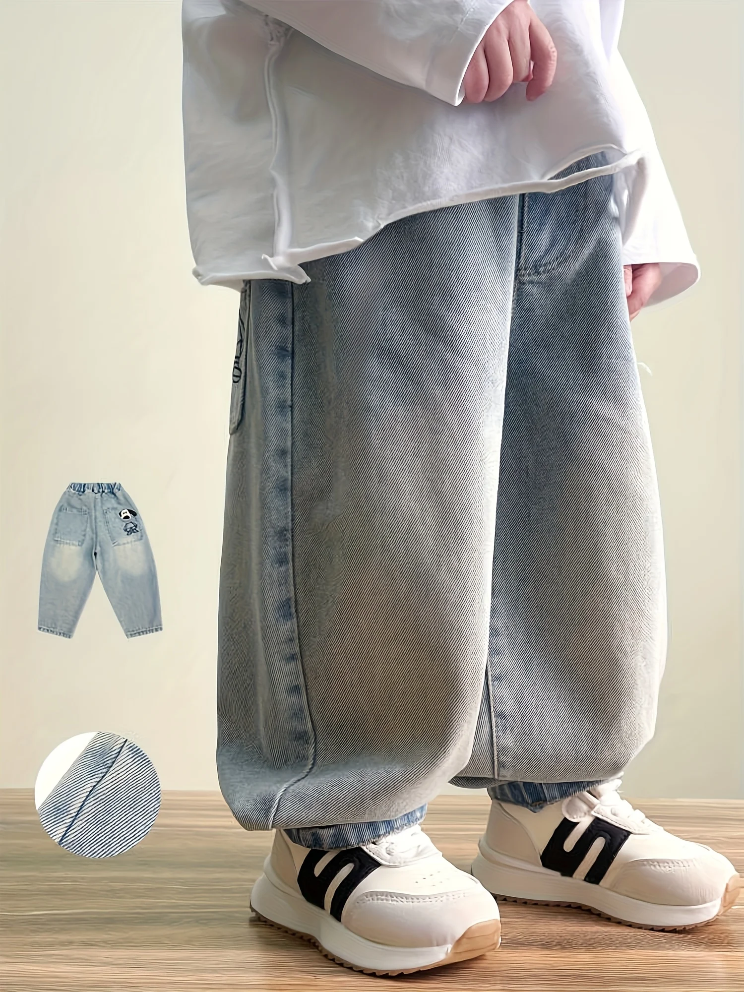 Boys' Denim Long Pants, Boys' Denim Pants with Dog Pattern Embroidery, Boys' Casual Pants for Going Out. Full Elastic Waistband