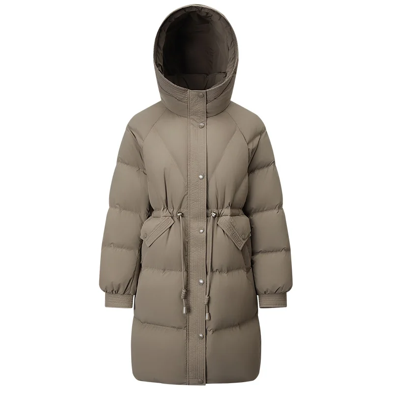 Chericom Damen-Daunenjacke mit Kapuze, lang, 2022, Winter, Kordelzug, Taille, Puffer, thermisch, warm, schlankmachend, lässige Oberbekleidung, Y309159Y