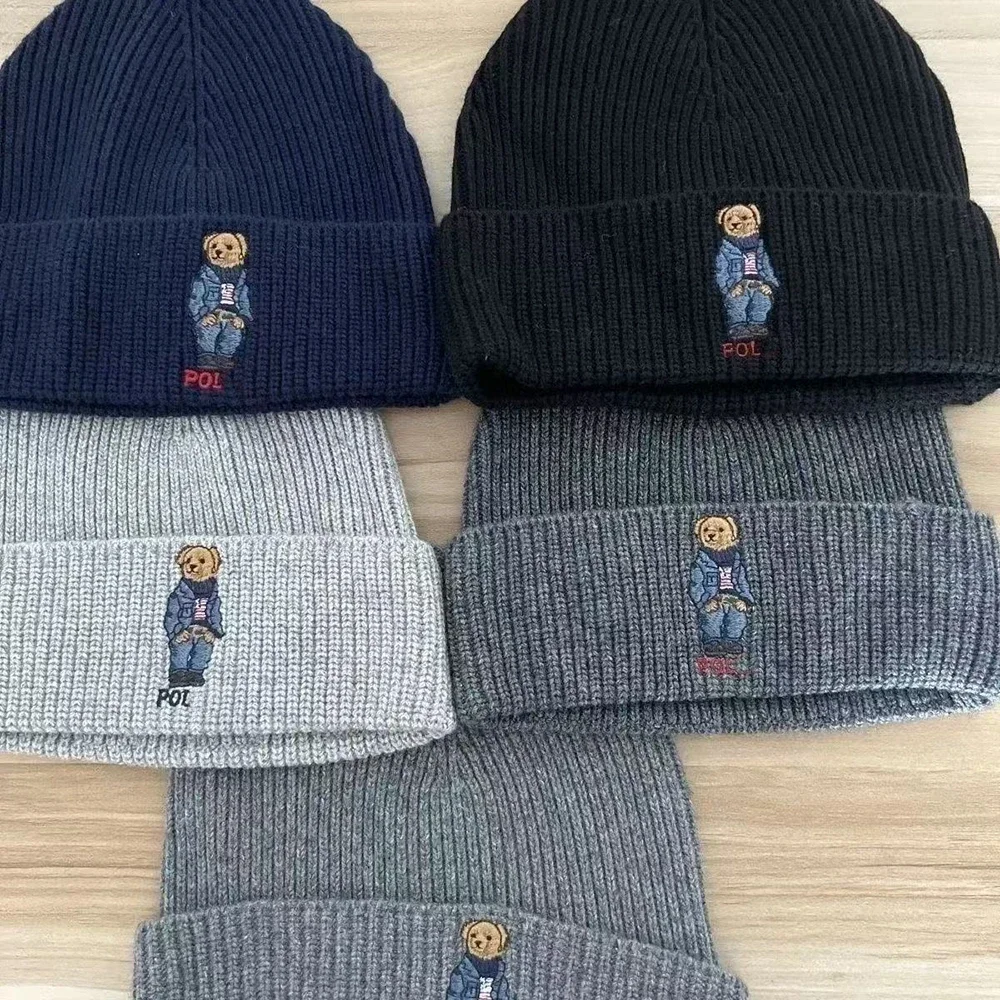 

Unisex Embroidered Bear Beanie Solid Color Knit Skull Cap Streetwear Hat for Men And Women