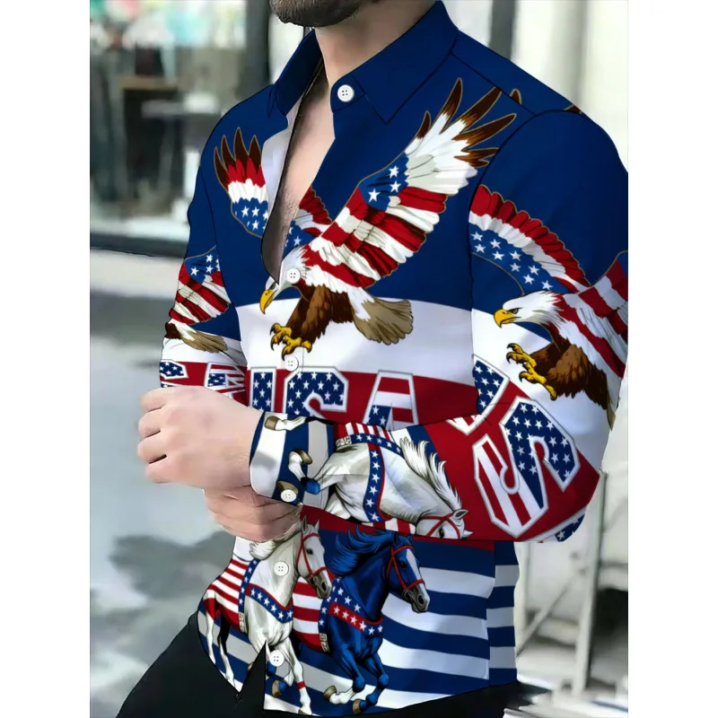 Men's USA Flag Eagle Horse Graphic Print Long Sleeve Shirt Lapel Button Down Shirts Patriotic Western Casual Holiday Party
